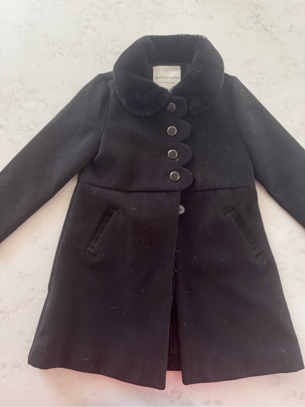 Janie and Jack Black Wool-Blend Pea Coat with Faux Fur Collar